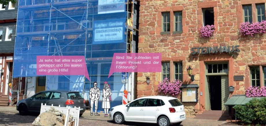 Fotomontage eines in der Sanierung befindlichen Gebäudes und zweier Personen, die sich über die gute Abstimmung und Unterstützung durch die Stadt austauschen